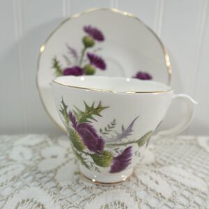 Duchess Highland Beauty Thistle Bone China Teacup and Saucer Set Gold Trim